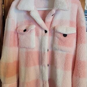 SHEIN Pink and White Plaid Teddy Jacket